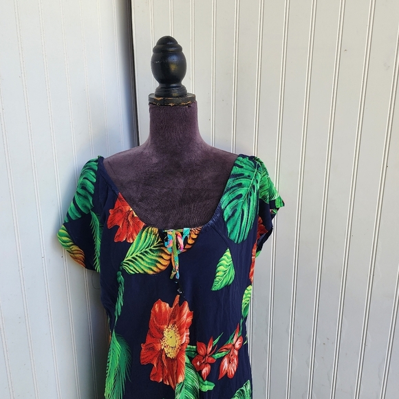 Vtg GG Hawaiian Shift Dress Floral Monstera Palm Print Tie Blue Green Red Sz L - Picture 2 of 10